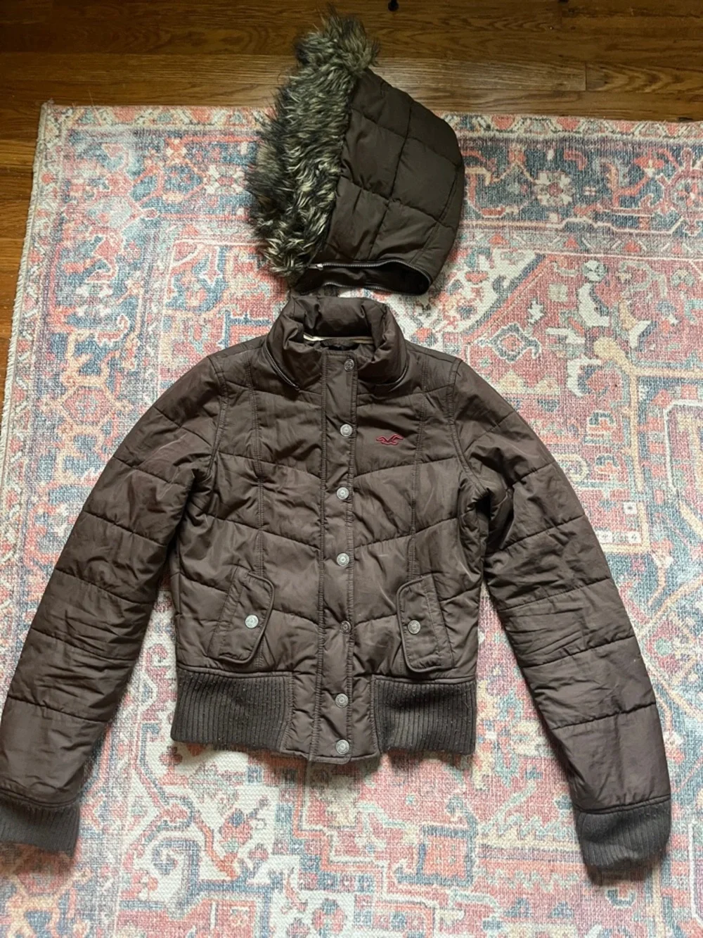 Hollister Quilted Bomber Jacket with Removable Faux Fur Hood - Brown - Large - Picture 1 of 16